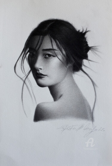 Disegno intitolato "asian woman" da Roberto D'Arienzo, Opera d'arte originale, Matita