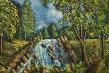 Painting titled ""Am Wasserfall"." by Roman Koshmanov, Original Artwork, Acrylic