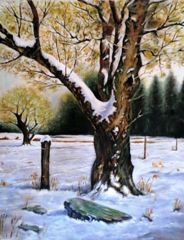 Schilderij getiteld "Winter lanscape" door Nela Radomirovic, Origineel Kunstwerk, Olie