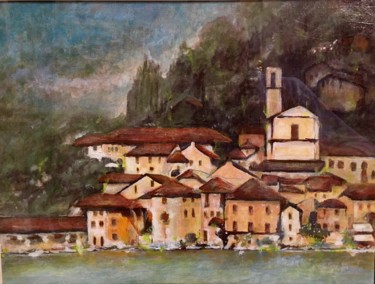 Painting titled "Le village sur l'ile" by Richard Nichanian, Original Artwork, Oil