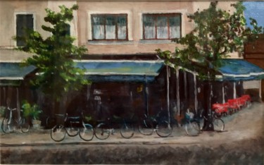Peinture intitulée "Le café devant la g…" par Richard Nichanian, Œuvre d'art originale, Huile