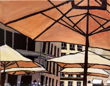 Peinture intitulée "Place et parasols" par Richard Nichanian, Œuvre d'art originale