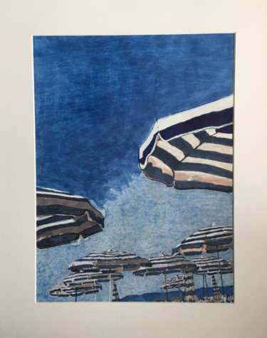 Malerei mit dem Titel "les parasols bleus" von Richard Nichanian, Original-Kunstwerk