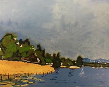 Peinture intitulée "Bord de lac" par Richard Nichanian, Œuvre d'art originale, Huile