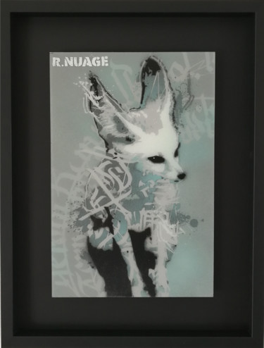 Painting titled "Green Fenec" by R.Nuage, Original Artwork, Stencil Mounted on Cardboard