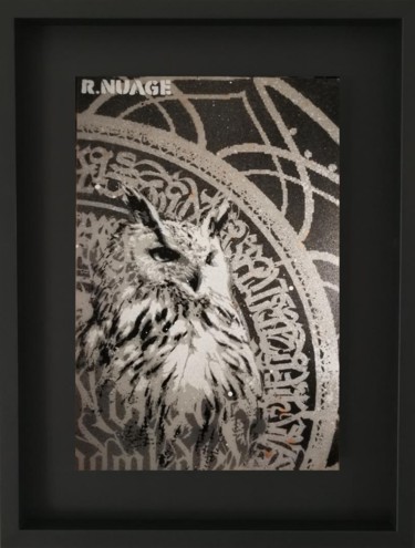 Malerei mit dem Titel "Black Owl" von R.Nuage, Original-Kunstwerk, Schablone Auf Karton montiert
