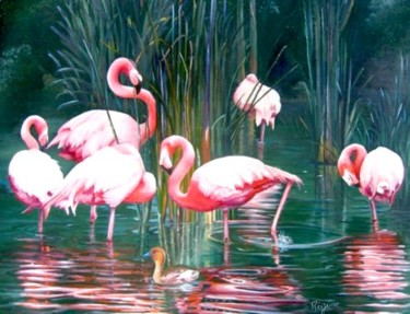 Peinture intitulée "flamans rose des do…" par R Pin, Œuvre d'art originale, Huile