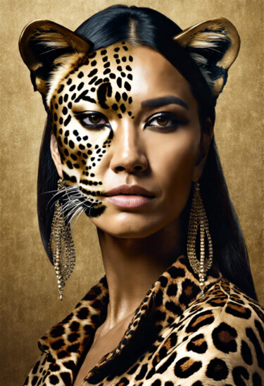 Digitale Kunst mit dem Titel "leopardenfrau" von R.W.Born, Original-Kunstwerk, KI-generiertes Bild