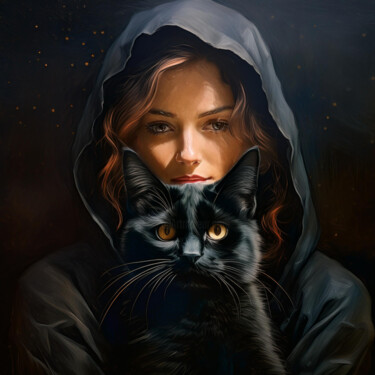 Arts numériques intitulée "Black Cat - Portrait" par R.W.Born, Œuvre d'art originale, Image générée par l'IA
