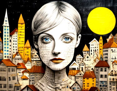 Arts numériques intitulée "Yellow moon - Fraue…" par R.W.Born, Œuvre d'art originale, Image générée par l'IA