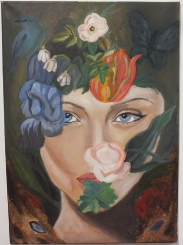 Painting titled "womanq and nature" by Robin Stříbný, Original Artwork, Oil