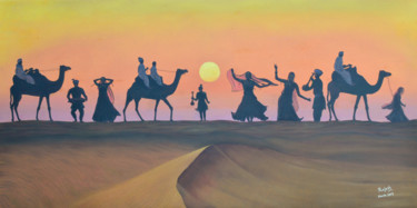 Painting titled "Desert Sunset" by Rajesh Sharma, Original Artwork, Oil