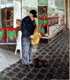 Malerei mit dem Titel "Street Musician 3" von Raanan Spiro, Original-Kunstwerk