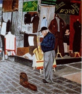 Malerei mit dem Titel "Street Musician 4" von Raanan Spiro, Original-Kunstwerk