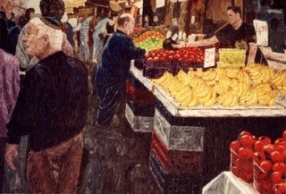 Ζωγραφική με τίτλο "Market & Streets 4" από Raanan Spiro, Αυθεντικά έργα τέχνης
