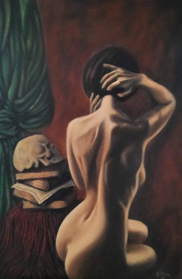 Painting titled "Woman with a skull" by Rabia Dinç, Original Artwork, Oil
