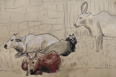 Zeichnungen mit dem Titel "Three Cows and a Bu…" von Rabraj Saimy, Original-Kunstwerk, Kugelschreiber