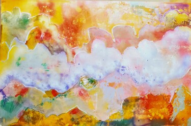 Schilderij getiteld "Mountain sunset" door Raca, Origineel Kunstwerk, Acryl Gemonteerd op Houten paneel