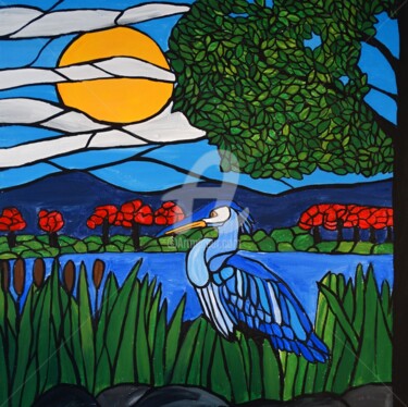 Painting titled "Blue Heron" by Rachel Olynuk, Original Artwork, Acrylic