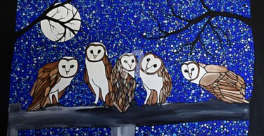 Painting titled "Five little owls on…" by Rachel Olynuk, Original Artwork, Acrylic