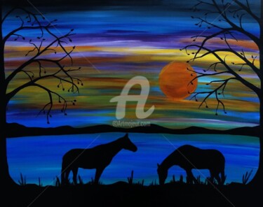 Painting titled "Silhouette horses" by Rachel Olynuk, Original Artwork, Acrylic