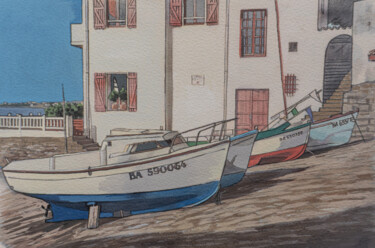 Peinture intitulée "Le port de Guéthary" par Rachel Loeffler, Œuvre d'art originale, Gouache