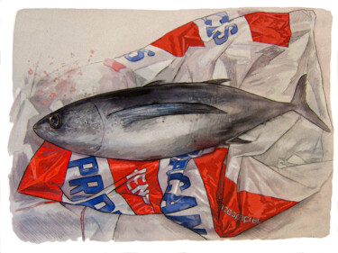 Peinture intitulée "Le  thon pêché à Sa…" par Rachel Loeffler, Œuvre d'art originale, Aquarelle