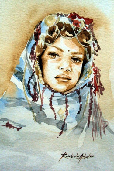 Painting titled "Jeune fille du Saha…" by Racha, Original Artwork, Watercolor