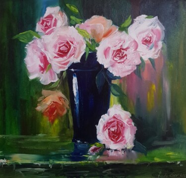 Painting titled "White Roses Paintin…" by Rada Gor, Original Artwork, Oil