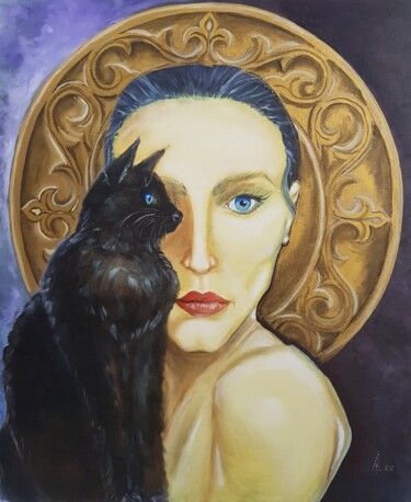 Картина под названием ""Cat's soul" Girl w…" - Rada Gor, Подлинное произведение искусства, Масло