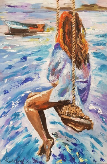 Painting titled "Girl On Ocean Swing" by Rada Gor, Original Artwork, Oil