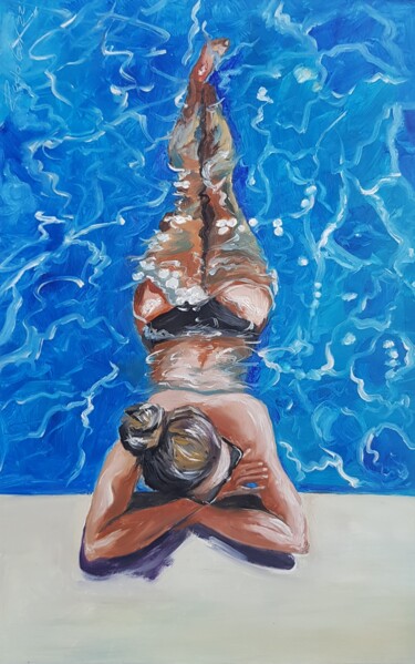 Painting titled "Girl In The Pool Or…" by Rada Gor, Original Artwork, Oil