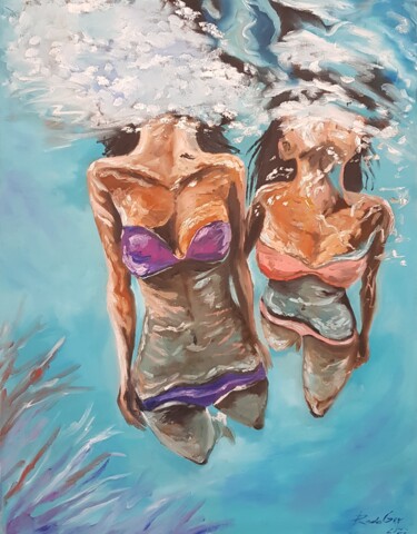 Painting titled "Two Divers Girls Sw…" by Rada Gor, Original Artwork, Oil