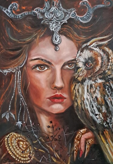 Schilderij getiteld "Girl with an owl Oi…" door Rada Gor, Origineel Kunstwerk, Olie