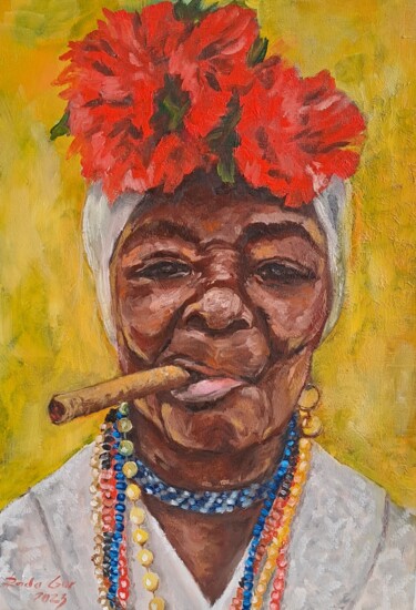 Pintura intitulada "Afro Woman Smoking…" por Rada Gor, Obras de arte originais, Óleo