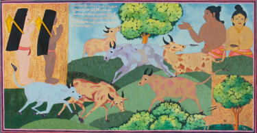Pintura intitulada "Cow herd and villag…" por Radhika G, Obras de arte originais, Acrílico