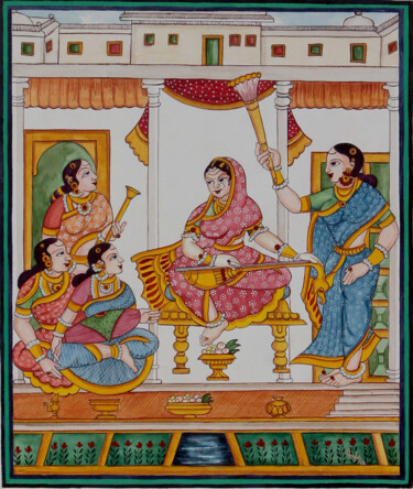 Schilderij getiteld "“Rani playing veena”" door Radhika G, Origineel Kunstwerk, Aquarel