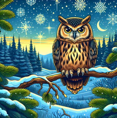 Digitale Kunst getiteld "Owl sits on spruce…" door Art$Art, Origineel Kunstwerk, 2D Digital Work