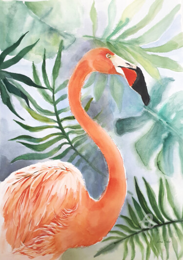 Painting titled "Flamingo original w…" by Anna Radis (Anna Radis Art), Original Artwork, Watercolor