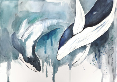 Peinture intitulée "Whales watercolor a…" par Anna Radis (Anna Radis Art), Œuvre d'art originale, Aquarelle