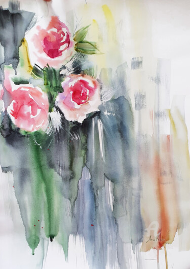 Painting titled "Smell of roses" by Anna Radis (Anna Radis Art), Original Artwork, Watercolor