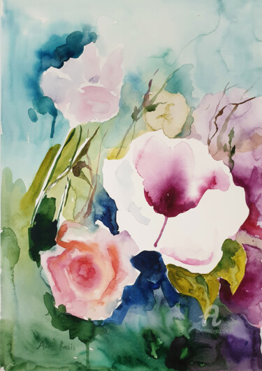 Painting titled "Flowers" by Anna Radis (Anna Radis Art), Original Artwork, Watercolor