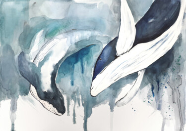 Painting titled "Whales" by Anna Radis (Anna Radis Art), Original Artwork, Watercolor