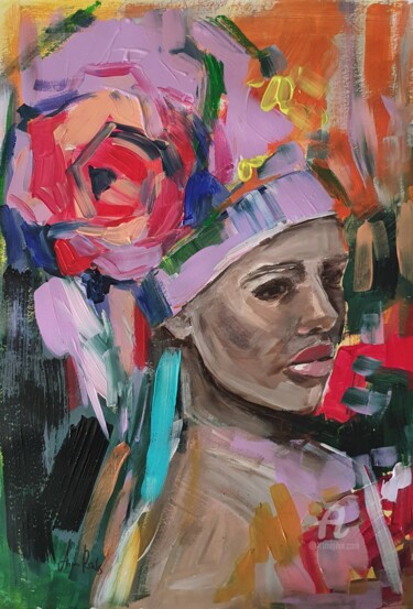 Malerei mit dem Titel "Cuban woman portrait" von Anna Radis (Anna Radis Art), Original-Kunstwerk, Acryl