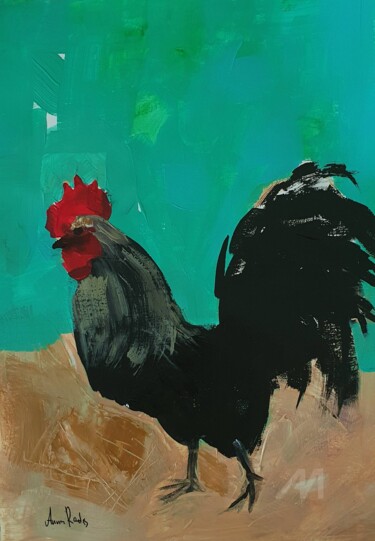 Painting titled "Black Rooster" by Anna Radis (Anna Radis Art), Original Artwork, Acrylic