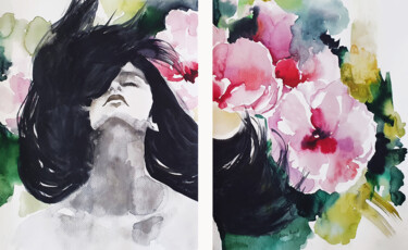 Schilderij getiteld "Woman and flowers" door Anna Radis (Anna Radis Art), Origineel Kunstwerk, Aquarel