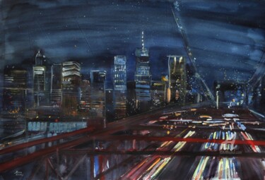 Painting titled "Brooklyn Bridge" by Anna Radis (Anna Radis Art), Original Artwork, Watercolor