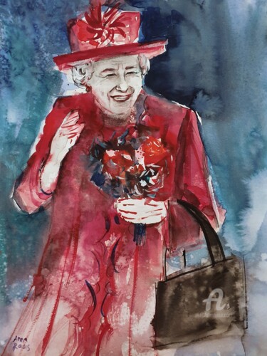 Malerei mit dem Titel "Queen Elizabeth II…" von Anna Radis (Anna Radis Art), Original-Kunstwerk, Aquarell