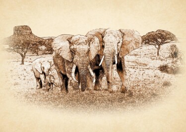 Painting titled "Elephants, African…" by Radiy Bohem, Original Artwork, Pencil