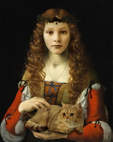 Arte digital titulada "Girl with cat portr…" por Radiy Bohem, Obra de arte original, Oleo